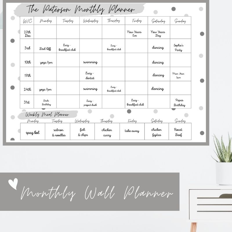 Wipeable Monthly Personalised Wall Planner ,Grey Polka Dot Design, with writing