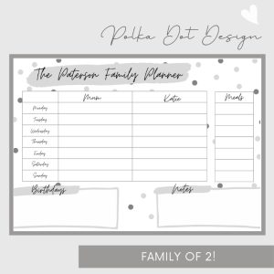 Wipeable Weekly Wall Planner, Grey Polka Dot Design, family of 2