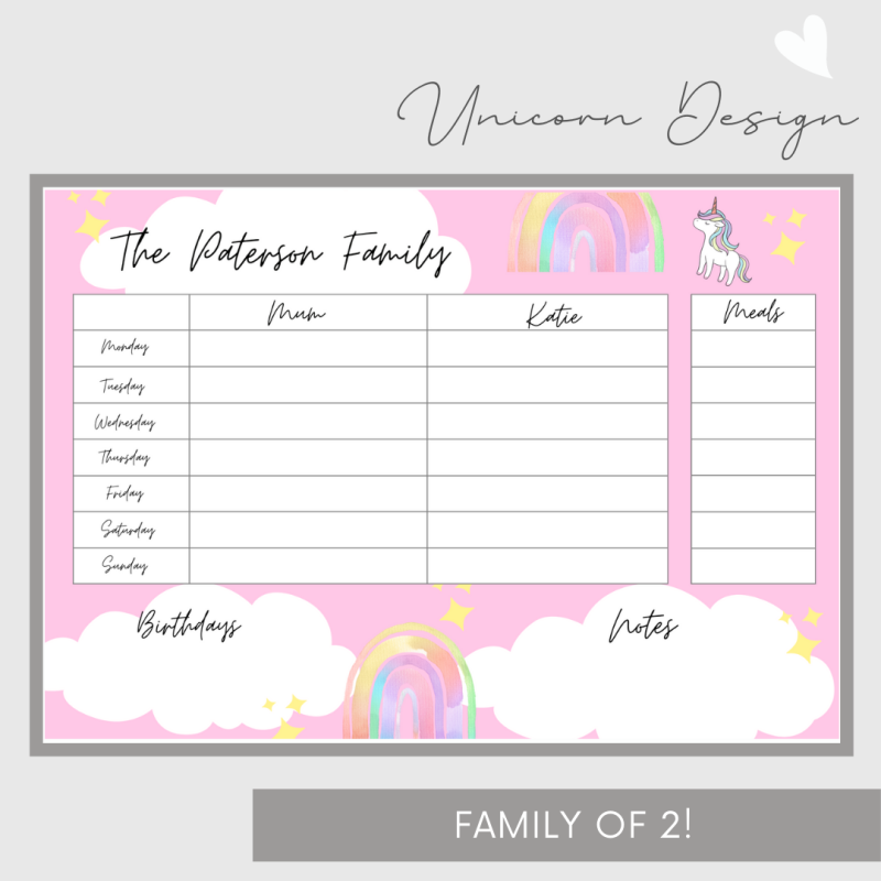 Wipeable Weekly Wall Planner , Pink Unicorn Design, Family of 2