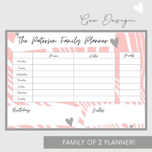 Wipeable Weekly Wall Planner, Pink Geo Design, Family of 2