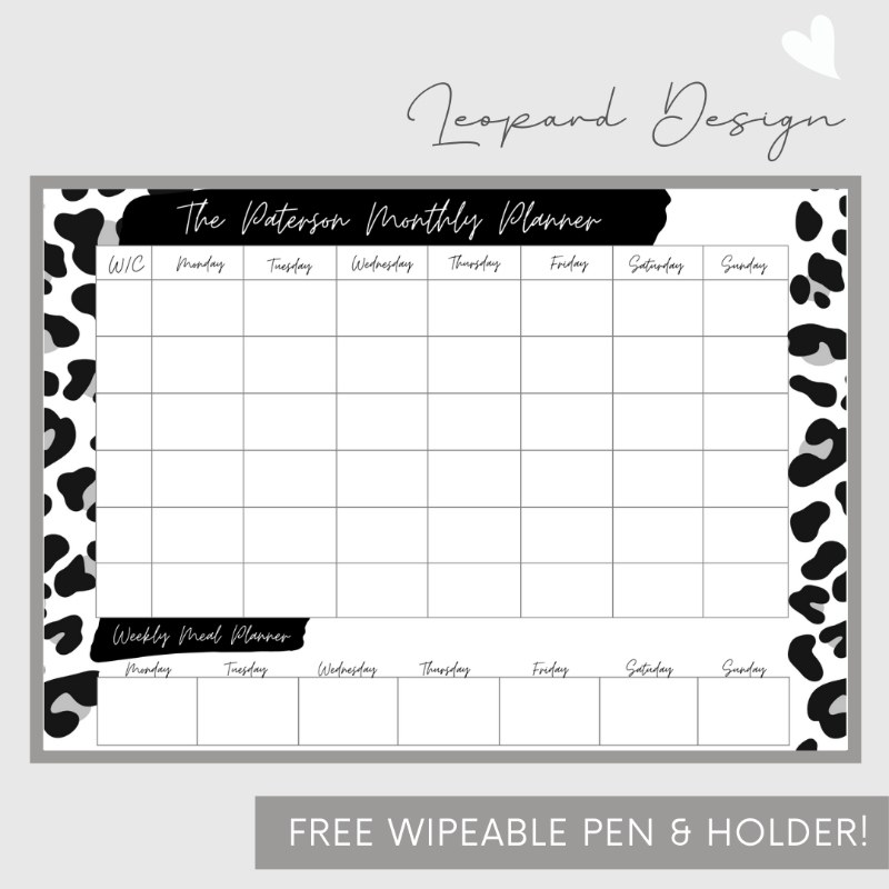 Wipeable Monthly Personalised Wall Planner , Black Leopard Design