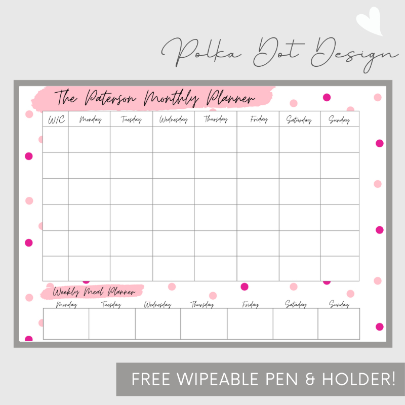 Wipeable Monthly Personalised Wall Planner ,Pink Polka Dot Design