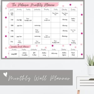 Wipeable Monthly Personalised Wall Planner ,Pink Polka Dot Design, with writing