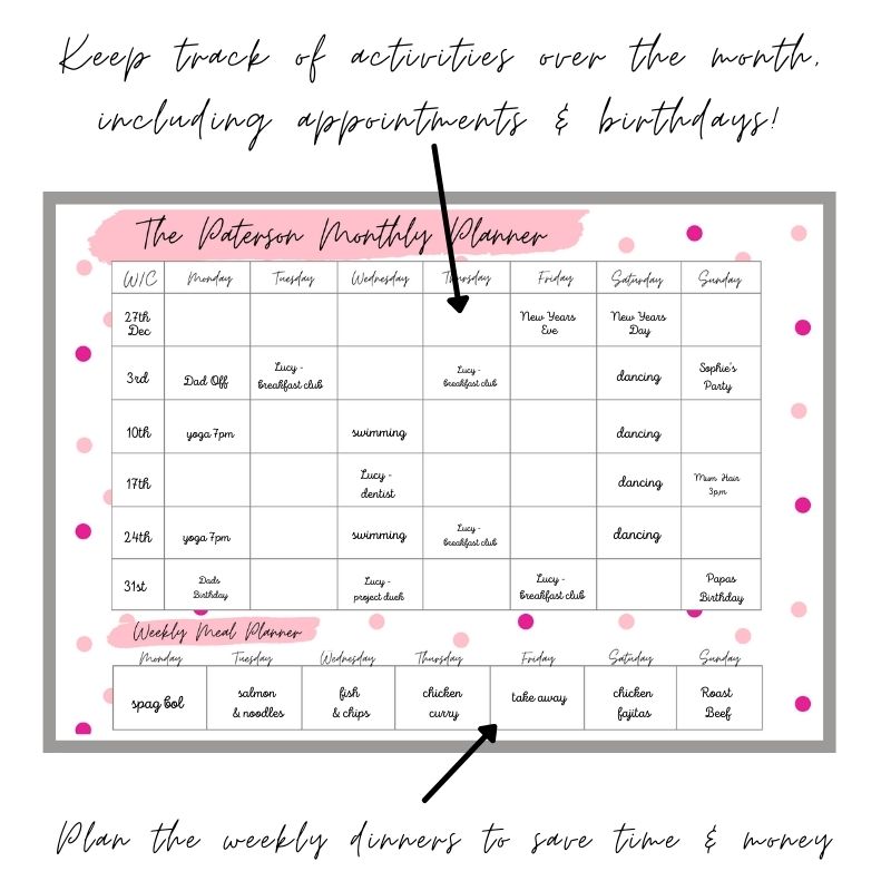 Wipeable Monthly Personalised Wall Planner ,Pink Polka Dot Design, personalised