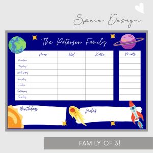 Wipeable Weekly Wall Planner , Blue Space Design, Family of 3