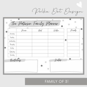 Wipeable Weekly Wall Planner, Grey Polka Dot Design, family of 3