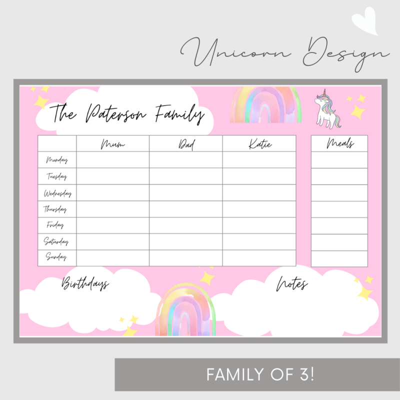 Wipeable Weekly Wall Planner , Pink Unicorn Design, Family of 3