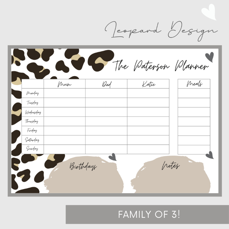 Wipeable Weekly Wall Planner, Brown Leopard Design, Family of 3