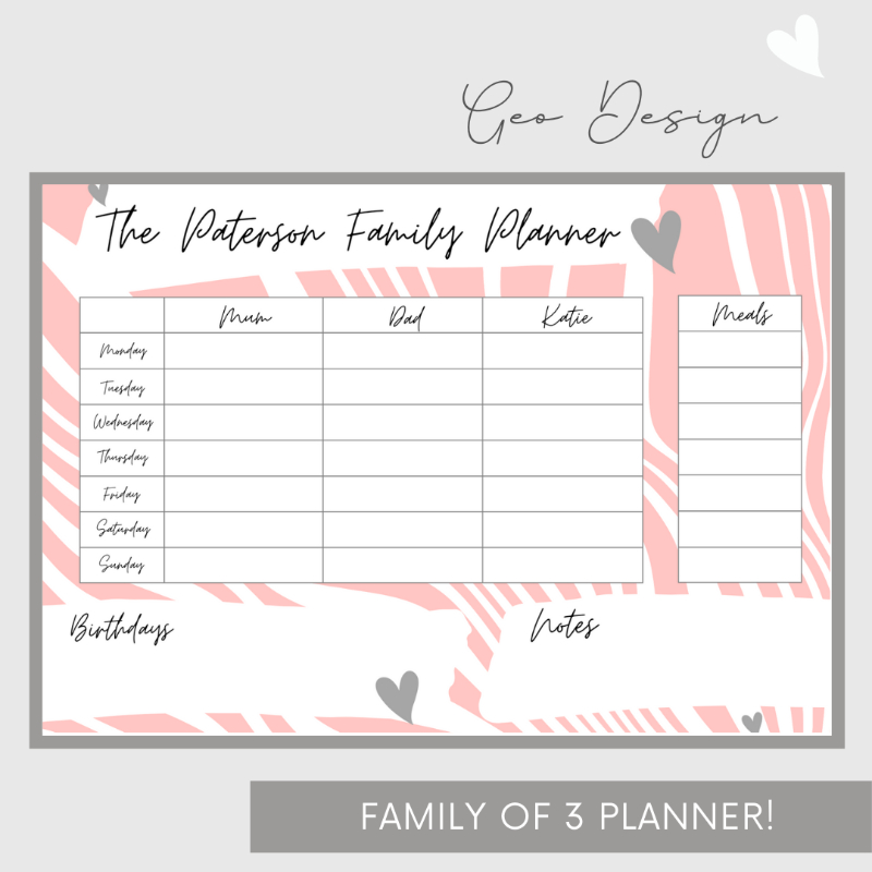 Wipeable Weekly Wall Planner, Pink Geo Design, Family of 3