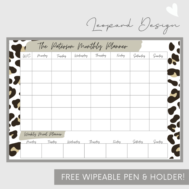 Wipeable Monthly Personalised Wall Planner , Brown Leopard Design