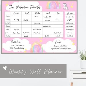 Wipeable Weekly Wall Planner , Pink Unicorn Design, Personalised