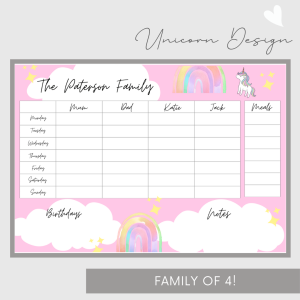 Wipeable Weekly Wall Planner , Pink Unicorn Design, Family of 4