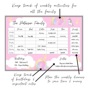 Wipeable Weekly Wall Planner , Pink Unicorn Design, With Handwriting