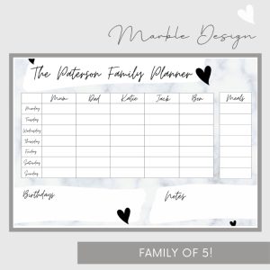 Wipeable Weekly Wall Planner, Grey Marble Design, family of 5
