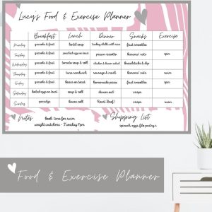 Wipeable Food & Exercise Wall Planner, pink, personalised, magnetic