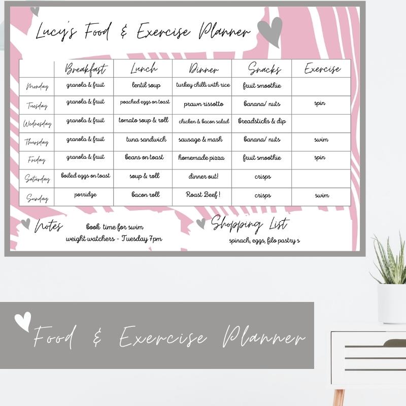 Wipeable Food & Exercise Wall Planner, pink, personalised, magnetic