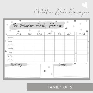 Wipeable Weekly Wall Planner, Grey Polka Dot Design, family of 6