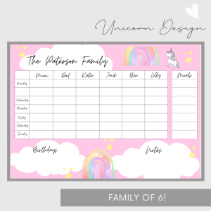 Wipeable Weekly Wall Planner , Pink Unicorn Design, Family of 6