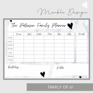 Wipeable Weekly Wall Planner, Grey Marble Design, family of 6