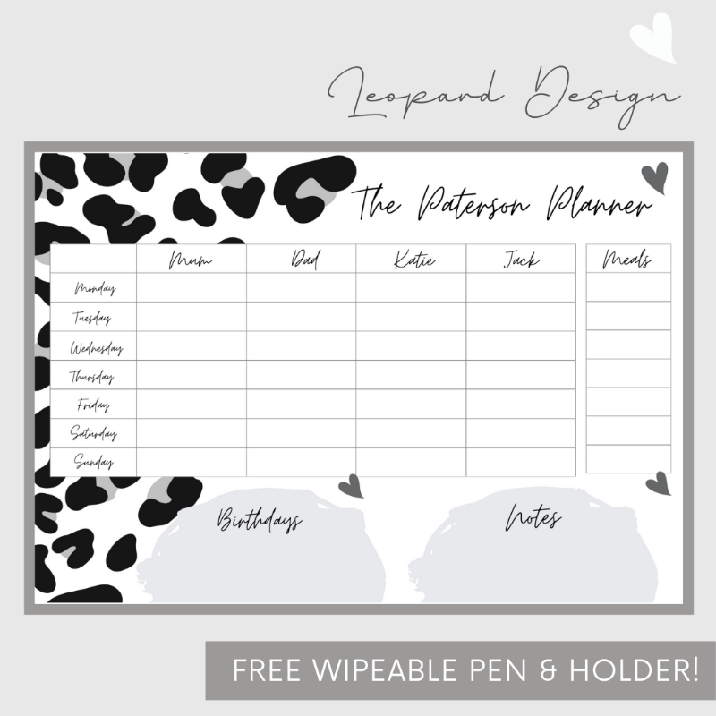 Wipeable Weekly Wall Planner, Black Leopard Design