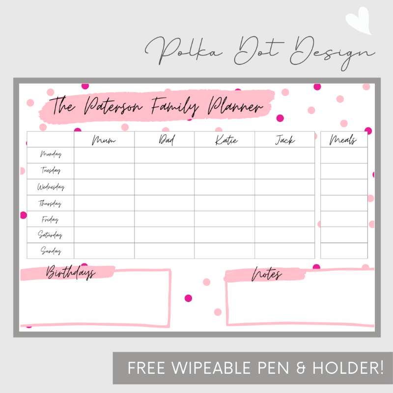 Wipeable Weekly Wall Planner , Pink Polka Dot Design,