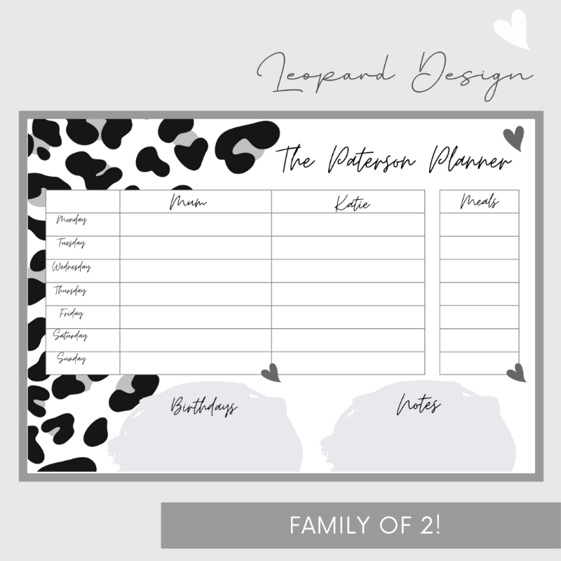 Wipeable Weekly Wall Planner, Black Leopard Design, Family of 2