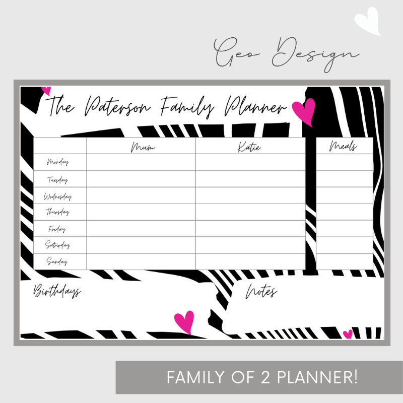 Wipeable Weekly Wall Planner, Black & Pink Geo Design, Family of 2