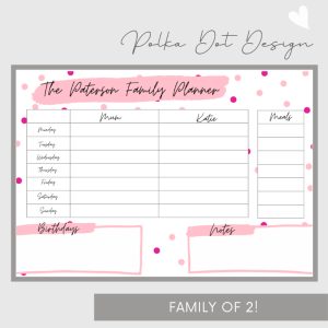 Wipeable Weekly Wall Planner , Pink Polka Dot Design, Family of 2