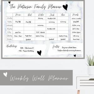 Wipeable Weekly Wall Planner, Grey Marble Design, Personalised