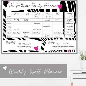 Wipeable Weekly Wall Planner, Black & Pink Geo Design, with handwriting