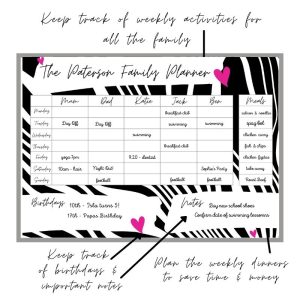 Wipeable Weekly Wall Planner, Black & Pink Geo Design, personalised