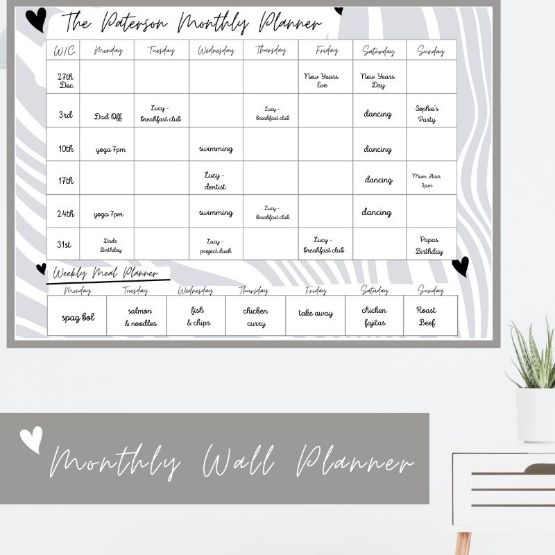 Wipeable Monthly Personalised Wall Planner , Grey Geo, with handwriting