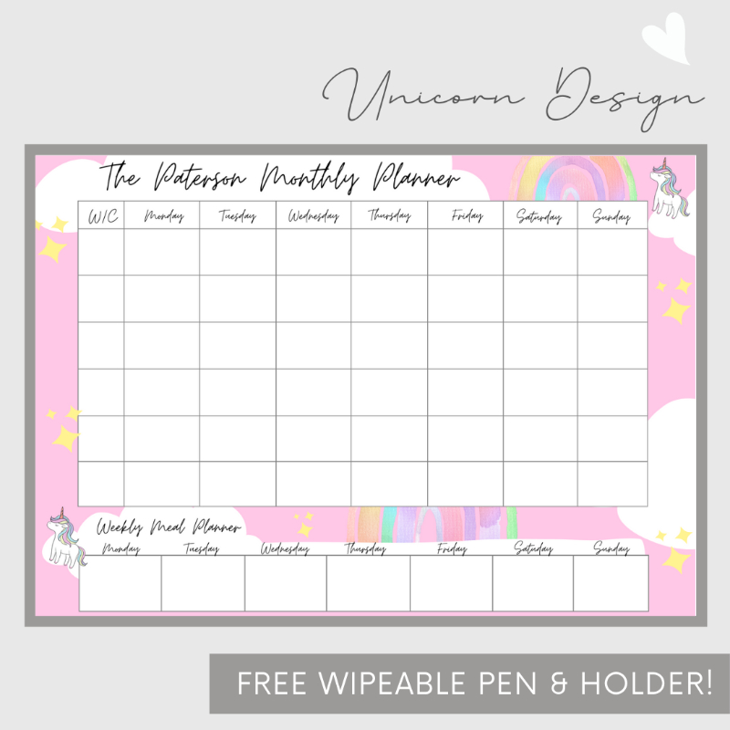 Wipeable Monthly Personalised Wall Planner , Pink Unicorn Design