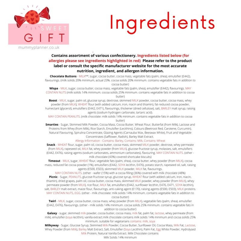 Sweet Gift Ingredients List