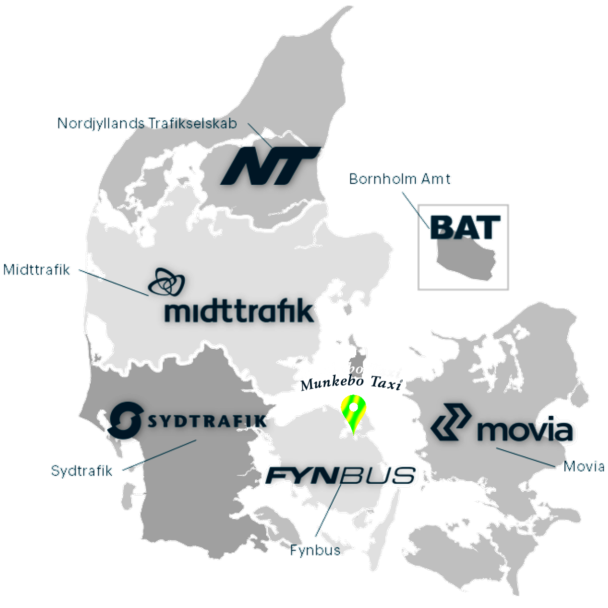 Danmarkskort Trafikselskaber & Munkebo Taxi placering https://www.munkebotaxi.dk