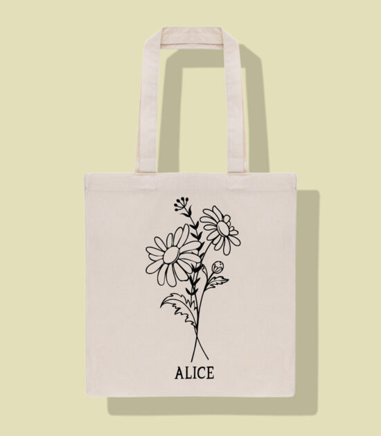 geboortebloem april madeliefje, gepersonaliseerde totebag met geboortebloem met naam, draagtas met geboortebloem, birthflower totebag, geboortebloem cadeau verjaardag, personalisatie cadeau geboortebloem, tote bag geboortebloem verjaardag