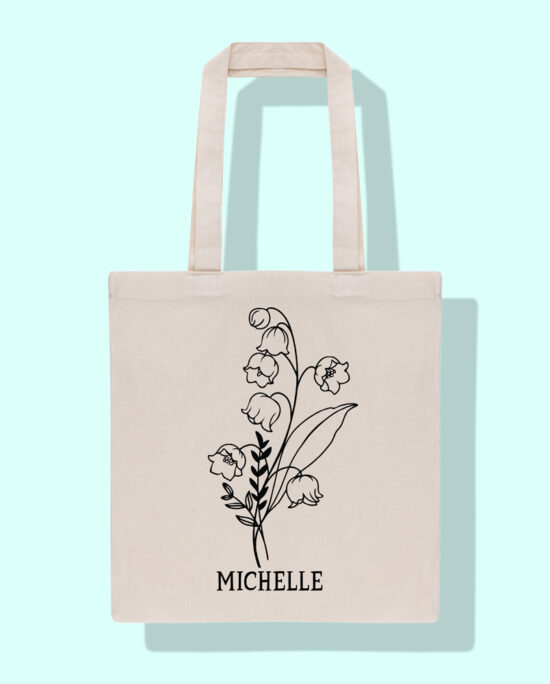 geboortebloem mei Lelietje-van-dalen, gepersonaliseerde totebag met geboortebloem met naam, draagtas met geboortebloem, birthflower totebag, geboortebloem cadeau verjaardag, personalisatie cadeau geboortebloem, tote bag geboortebloem verjaardag