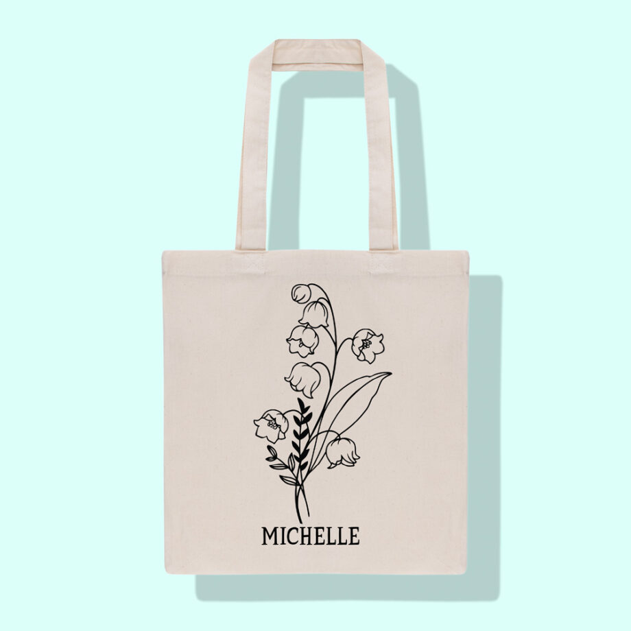 geboortebloem mei Lelietje-van-dalen, gepersonaliseerde totebag met geboortebloem met naam, draagtas met geboortebloem, birthflower totebag, geboortebloem cadeau verjaardag, personalisatie cadeau geboortebloem, tote bag geboortebloem verjaardag