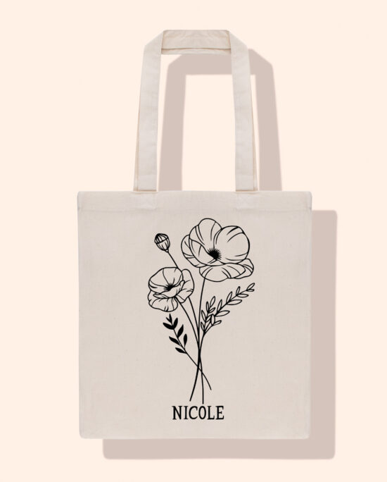 geboortebloem augustus klaproos, gepersonaliseerde totebag met geboortebloem met naam, draagtas met geboortebloem, birthflower totebag, geboortebloem cadeau verjaardag, personalisatie cadeau geboortebloem, tote bag geboortebloem verjaardag