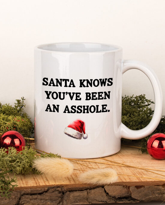 santa knows you've been an asshole, kerstmok, koffiemok, kerstmis, koffiemok kerst cadeau, kerst cadeau koffiemok, tasse à café noël cadeau, Christmas gift, coffee lover gift, fun, xxx, adult