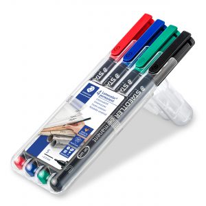 STAEDTLER Permanent markersæt 0,4 mm. Stregbredde S.  Etui med 4 farver.