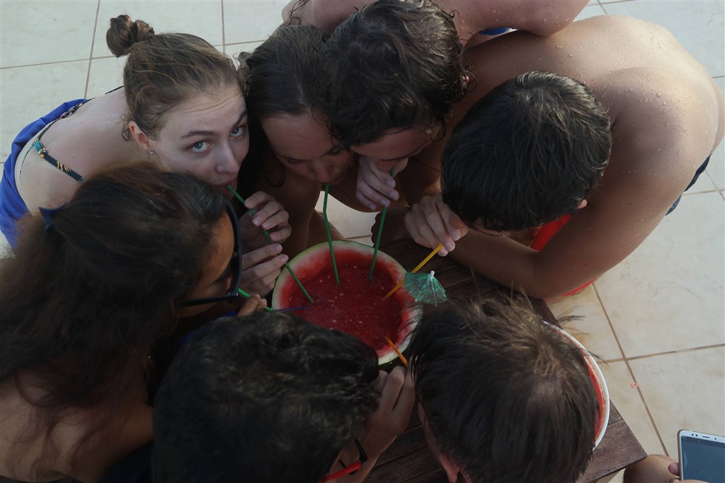 team enjoying smoothie