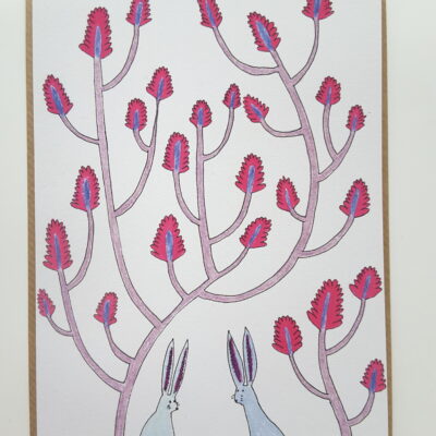 Blank greetings card, Hares in Love Under Pink Flowers