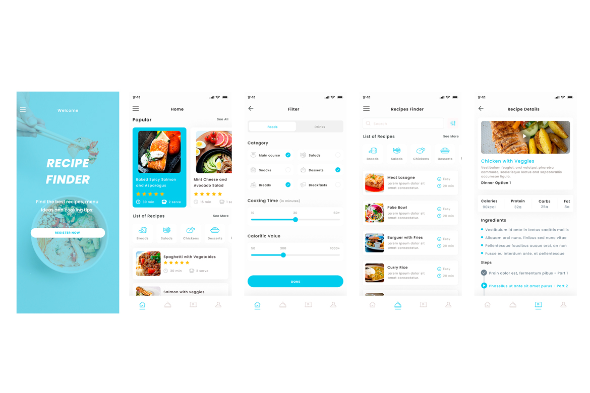 Food Recipe, Cooking & Food Plan Blue App & Ui Kit