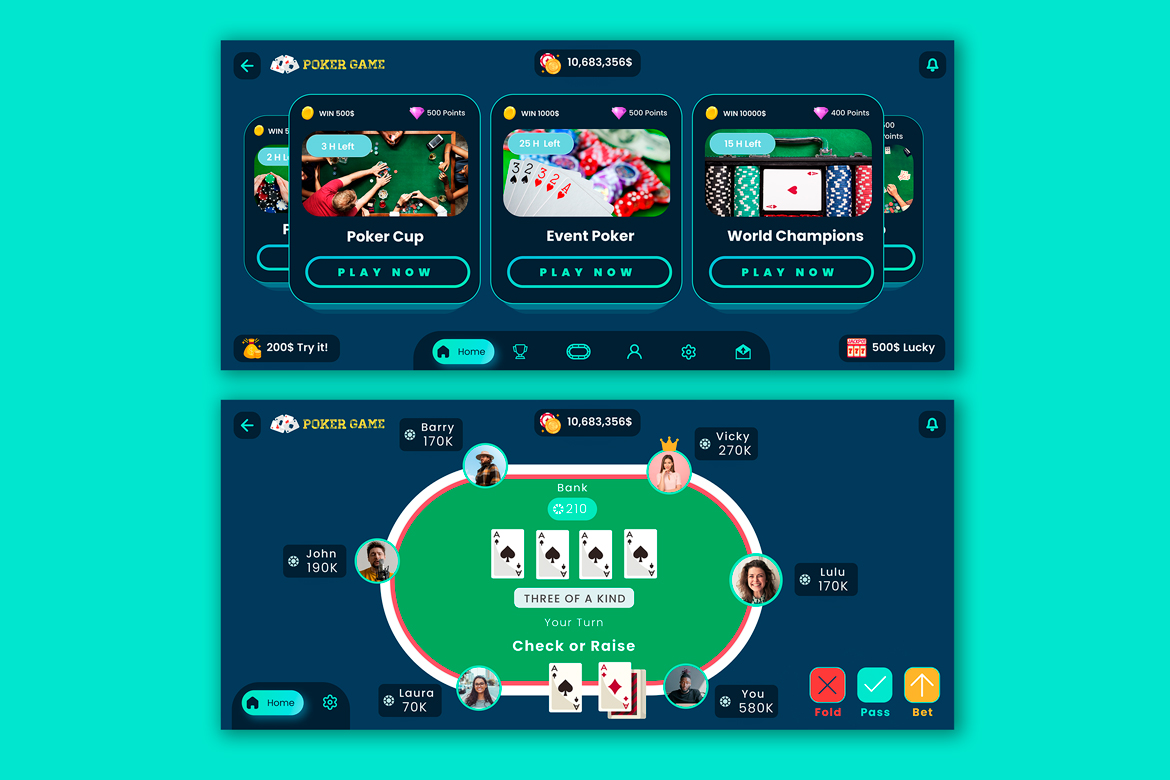 Online Poker & Casino Dark Game Mobile App Ui Kit