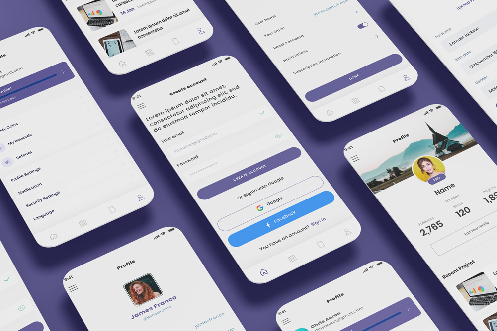 User Profile & Login Account Screens Mobile App UI
