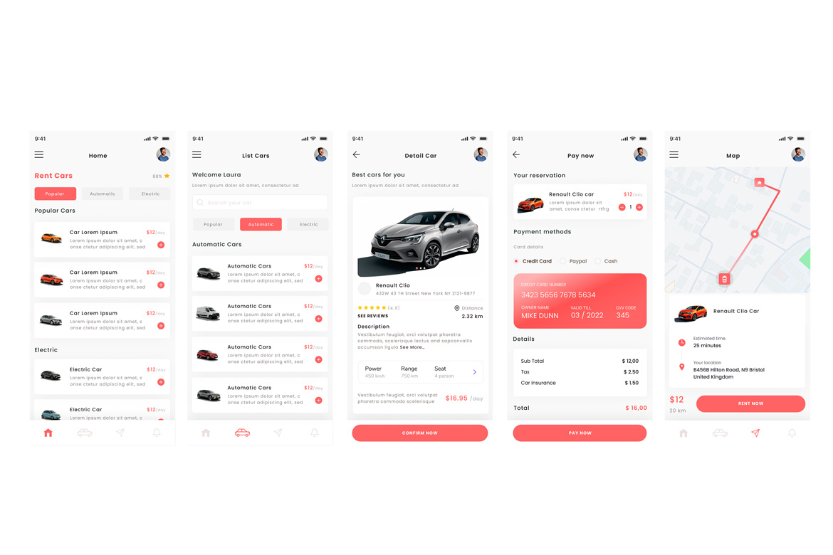 Rent Car, Rental Vehicle & Automobile Store App UI