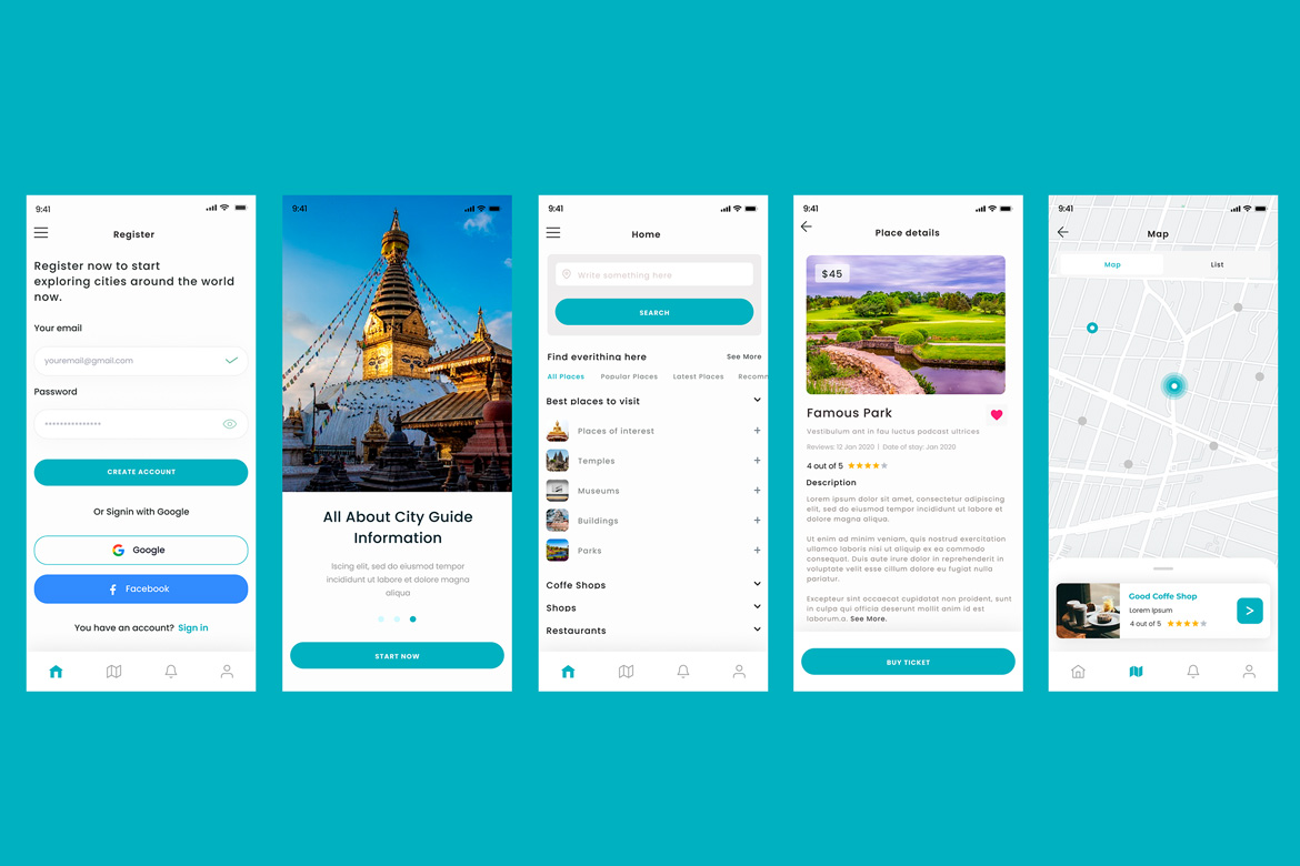 City Guide, Travel, Tours, Tourism & Visits App UI