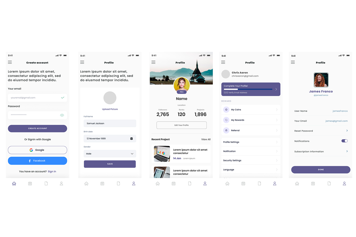 User Profile & Login Account Screens Mobile App UI