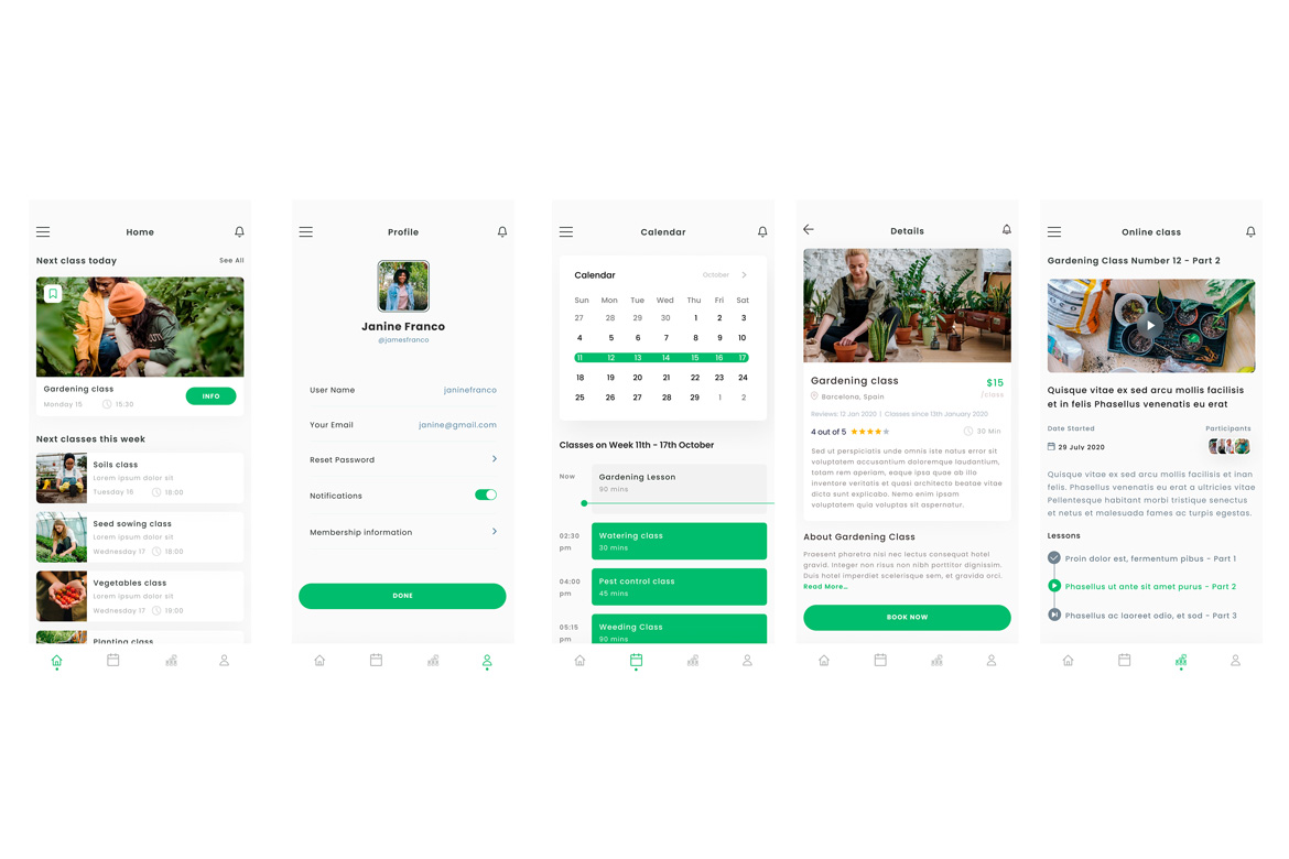 Gardening & horticulture School Green App UI Kit